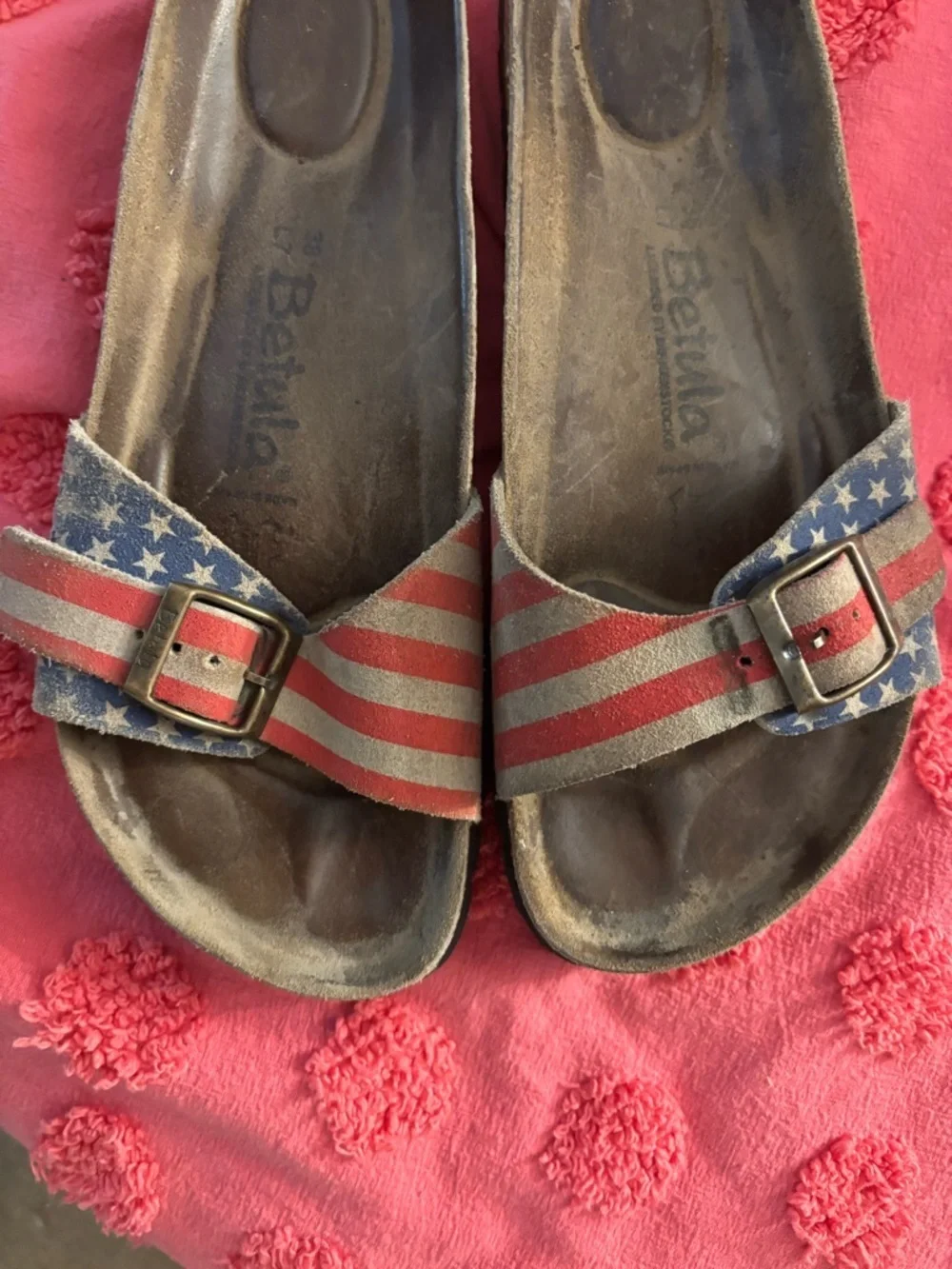 BETULA Birkenstock Luca USA Patriotic Flag Slide Sandals Red White Blue Sz 7 38